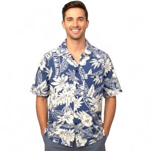 Monticerutti Men’s Size M Blue White Hawaiian Tropical Short Sleeve Shirt